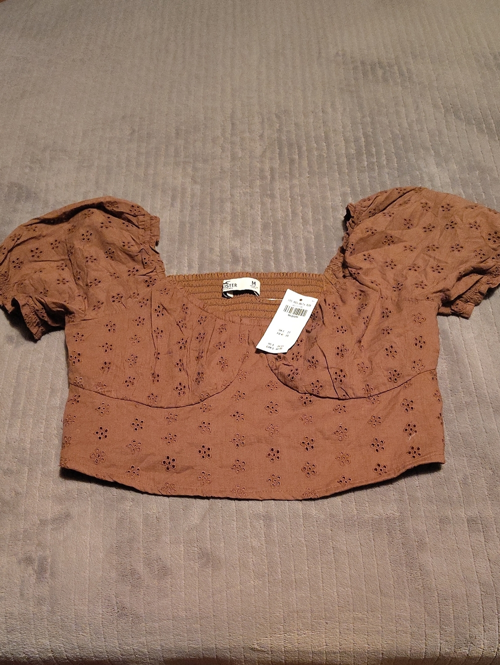 Hollister Brown Eyelet Puff-Sleeve Crop Top